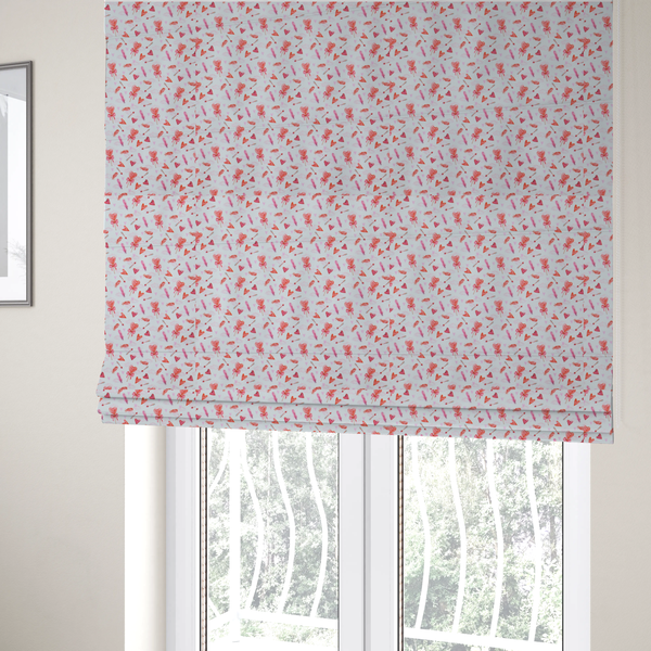 The fabric used for these Roman blinds is a white fabric featuring a light, whimsical Valentine’s Day pattern with watercolour elements scattered across a pale background. The design includes pink heart-shaped balloons tied with bows, soft pink feathers, and various small arrows and hearts. Faint, dreamy cloud-like textures in pink and blue are visible in the background, adding to the soft, airy aesthetic.