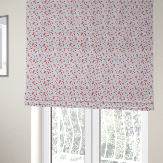 The fabric used for these Roman blinds is a white fabric featuring a light, whimsical Valentine’s Day pattern with watercolour elements scattered across a pale background. The design includes pink heart-shaped balloons tied with bows, soft pink feathers, and various small arrows and hearts. Faint, dreamy cloud-like textures in pink and blue are visible in the background, adding to the soft, airy aesthetic.
