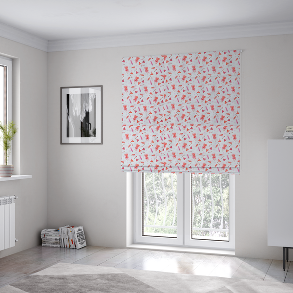 The fabric used for these Roman blinds is a white fabric featuring a light, whimsical Valentine’s Day pattern with watercolour elements scattered across a pale background. The design includes pink heart-shaped balloons tied with bows, soft pink feathers, and various small arrows and hearts. Faint, dreamy cloud-like textures in pink and blue are visible in the background, adding to the soft, airy aesthetic.