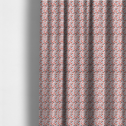 The fabric used for these made-to-measure curtains is a light pink fabric featuring a dense, repeating Valentine’s Day pattern with a vintage, romantic aesthetic. The design is composed of small red hearts and larger pink hearts, interspersed with delicate red ribbon bows and the word "love" written in a dark, flowing cursive script. Tiny red dots are scattered throughout the background, creating a textured, confetti-like effect across the entire print.