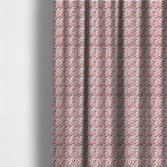 The fabric used for these made-to-measure curtains is a light pink fabric featuring a dense, repeating Valentine’s Day pattern with a vintage, romantic aesthetic. The design is composed of small red hearts and larger pink hearts, interspersed with delicate red ribbon bows and the word "love" written in a dark, flowing cursive script. Tiny red dots are scattered throughout the background, creating a textured, confetti-like effect across the entire print.