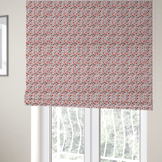 The fabric used for these Roman blinds is a light pink fabric featuring a dense, repeating Valentine’s Day pattern with a vintage, romantic aesthetic. The design is composed of small red hearts and larger pink hearts, interspersed with delicate red ribbon bows and the word "love" written in a dark, flowing cursive script. Tiny red dots are scattered throughout the background, creating a textured, confetti-like effect across the entire print.