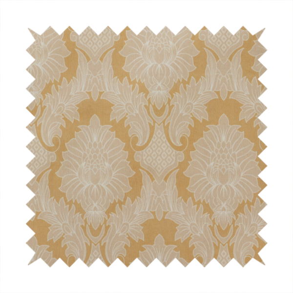 An elegant damask fabric featuring a repeating, symmetrical floral and leaf medallion pattern in cream over a warm ochre-gold background.
