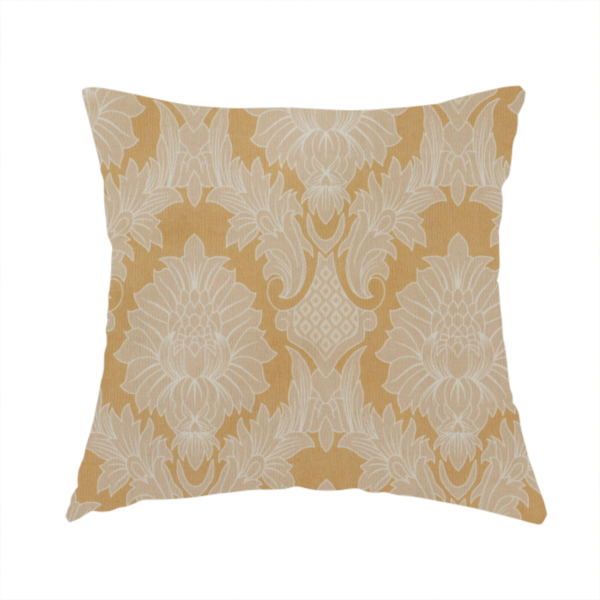 the fabric used to create these handmade cushions is an elegant damask fabric featuring a repeating, symmetrical floral and leaf medallion pattern in cream over a warm ochre-gold background.