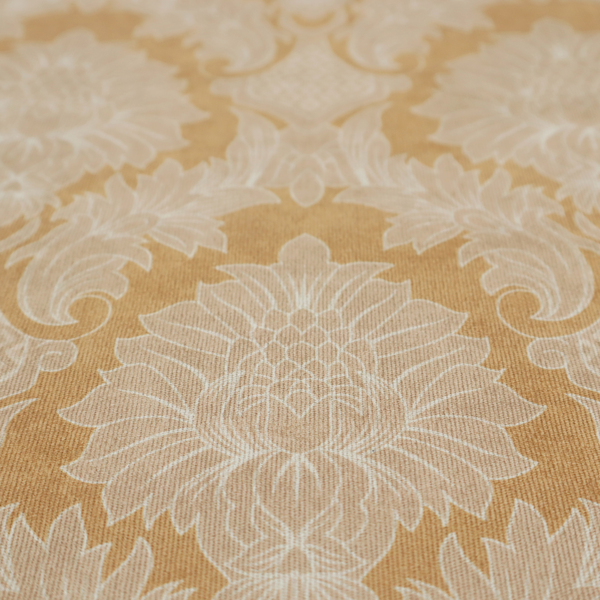 An elegant damask fabric featuring a repeating, symmetrical floral and leaf medallion pattern in cream over a warm ochre-gold background.
