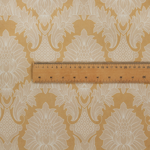 An elegant damask fabric featuring a repeating, symmetrical floral and leaf medallion pattern in cream over a warm ochre-gold background.