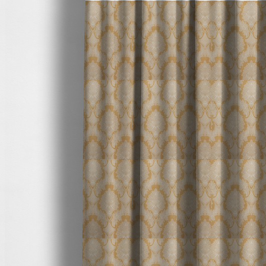 The fabric used to create these made-to-measure curtains is an elegant damask fabric featuring a repeating, symmetrical floral and leaf medallion pattern in cream over a warm ochre-gold background.