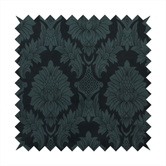 A dramatic, dark damask fabric featuring a large-scale floral medallion pattern in charcoal grey over a deep matte black background.