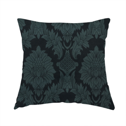 The fabric used to create this handmade cushion is a dramatic, dark damask fabric featuring a large-scale floral medallion pattern in charcoal grey over a deep matte black background.