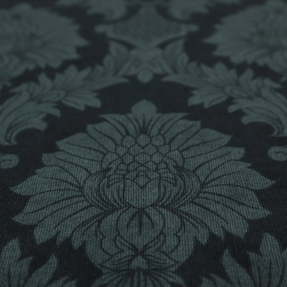 A dramatic, dark damask fabric featuring a large-scale floral medallion pattern in charcoal grey over a deep matte black background.