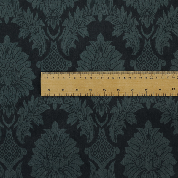 A dramatic, dark damask fabric featuring a large-scale floral medallion pattern in charcoal grey over a deep matte black background.