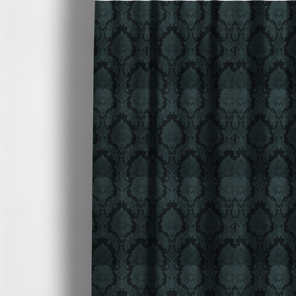 The fabric used to create these made-to-measure fabrics is a dramatic, dark damask fabric featuring a large-scale floral medallion pattern in charcoal grey over a deep matte black background.