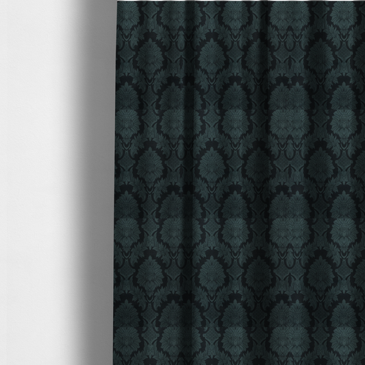 The fabric used to create these made-to-measure fabrics is a dramatic, dark damask fabric featuring a large-scale floral medallion pattern in charcoal grey over a deep matte black background.
