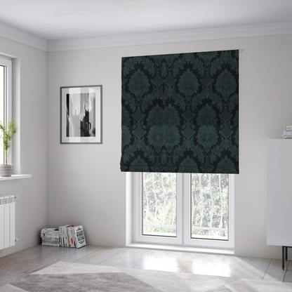 The fabric used to create these Roman blinds is a dramatic, dark damask fabric featuring a large-scale floral medallion pattern in charcoal grey over a deep matte black background.