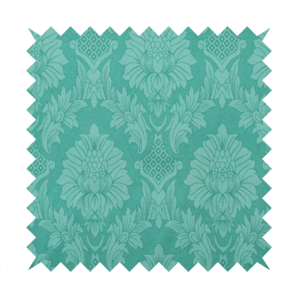 Vibrant teal damask fabric featuring a large-scale, repeating floral and acanthus leaf pattern in a tonal, monochromatic seafoam green colourway.