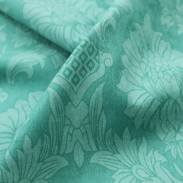 Vibrant teal damask fabric featuring a large-scale, repeating floral and acanthus leaf pattern in a tonal, monochromatic seafoam green colourway.