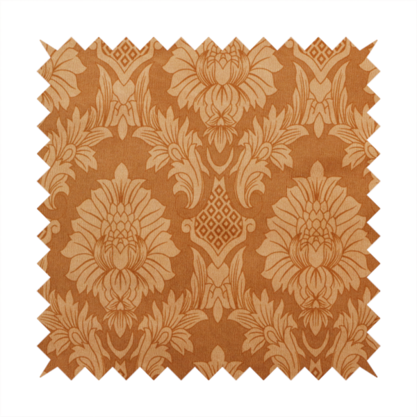 Warm brown damask fabric featuring a large-scale, repeating floral and acanthus leaf pattern in shimmering copper tones.