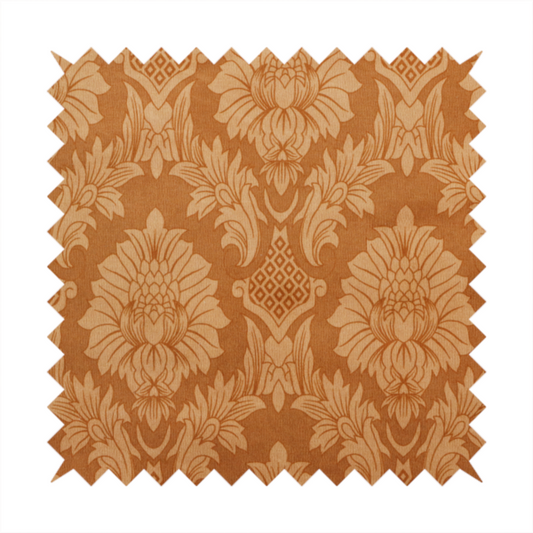 Warm brown damask fabric featuring a large-scale, repeating floral and acanthus leaf pattern in shimmering copper tones.