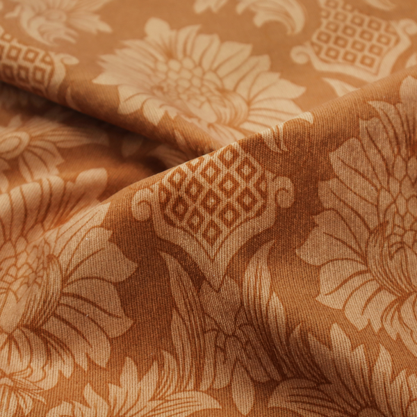 Warm brown damask fabric featuring a large-scale, repeating floral and acanthus leaf pattern in shimmering copper tones.