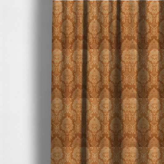 The fabric used to create these made-to-measure curtains is a warm brown damask fabric featuring a large-scale, repeating floral and acanthus leaf pattern in shimmering copper tones.