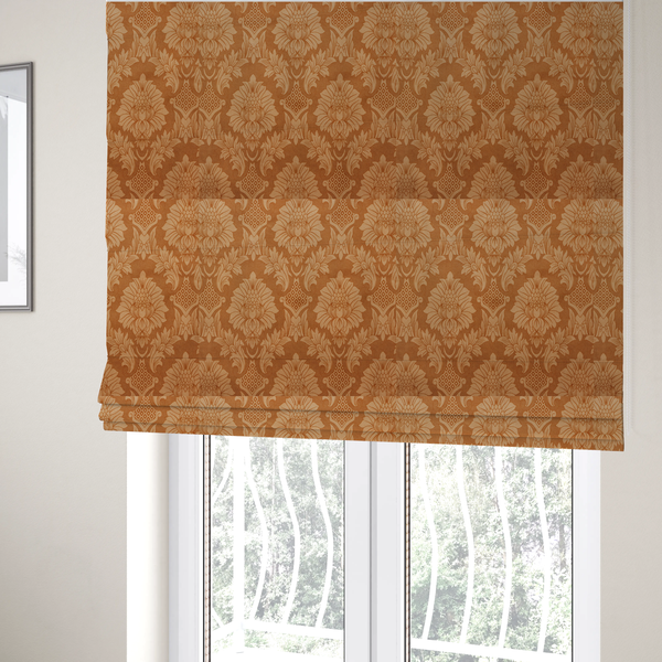The fabric used to create these Roman blinds is a warm brown damask fabric featuring a large-scale, repeating floral and acanthus leaf pattern in shimmering copper tones.