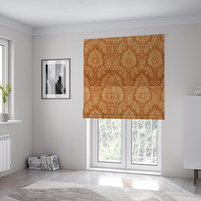 The fabric used to create these Roman blinds is a warm brown damask fabric featuring a large-scale, repeating floral and acanthus leaf pattern in shimmering copper tones.