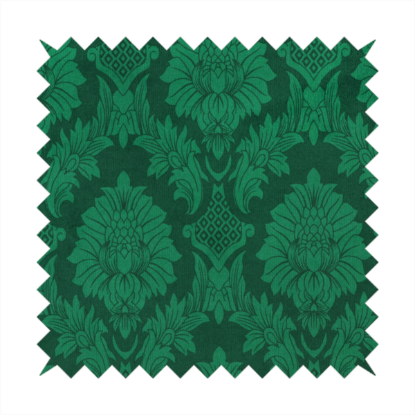 Deep emerald green damask fabric featuring a large-scale, repeating floral and acanthus leaf pattern in a rich tonal colourway.