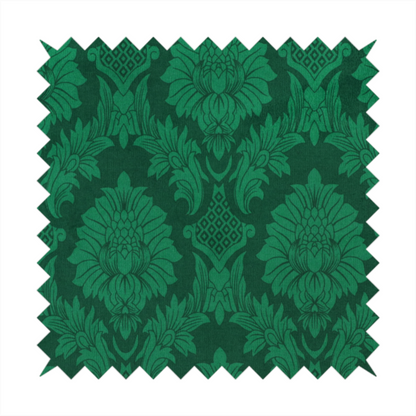 Deep emerald green damask fabric featuring a large-scale, repeating floral and acanthus leaf pattern in a rich tonal colourway.