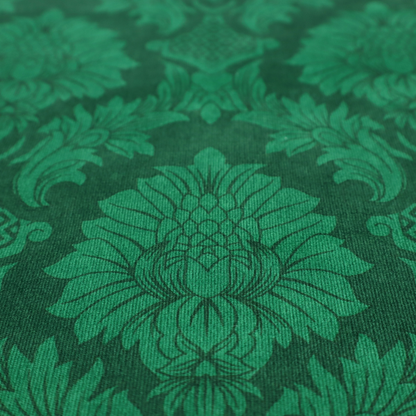 Deep emerald green damask fabric featuring a large-scale, repeating floral and acanthus leaf pattern in a rich tonal colourway.