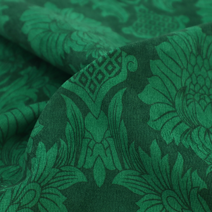 Deep emerald green damask fabric featuring a large-scale, repeating floral and acanthus leaf pattern in a rich tonal colourway.