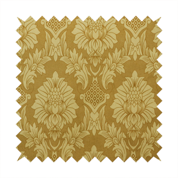 High-contrast damask fabric featuring a shimmering champagne-gold floral medallion pattern over a matte antique bronze background.