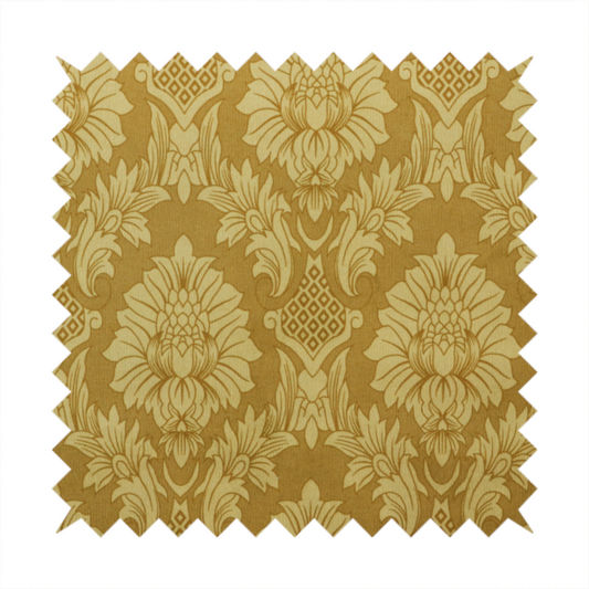 High-contrast damask fabric featuring a shimmering champagne-gold floral medallion pattern over a matte antique bronze background.