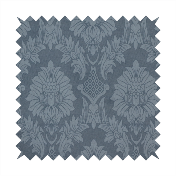 Sophisticated slate blue damask fabric featuring a large-scale, repeating floral and acanthus leaf pattern in a tonal, steel grey colourway.