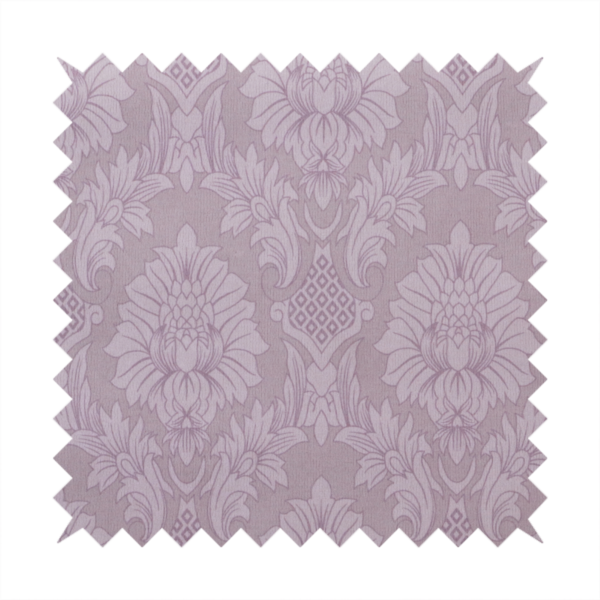 Elegant lavender damask fabric featuring a large-scale, repeating floral and acanthus leaf pattern in a soft tonal lilac colourway.