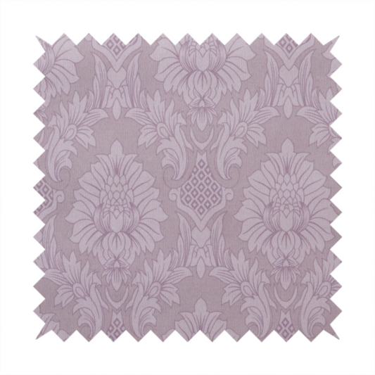 Elegant lavender damask fabric featuring a large-scale, repeating floral and acanthus leaf pattern in a soft tonal lilac colourway.