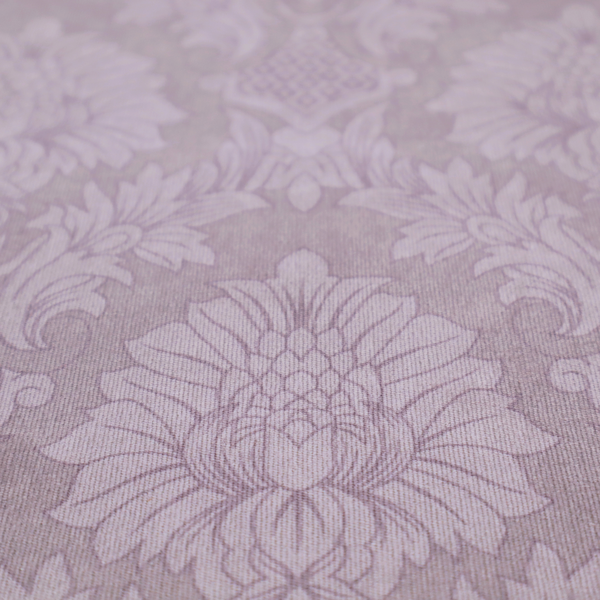 Elegant lavender damask fabric featuring a large-scale, repeating floral and acanthus leaf pattern in a soft tonal lilac colourway.