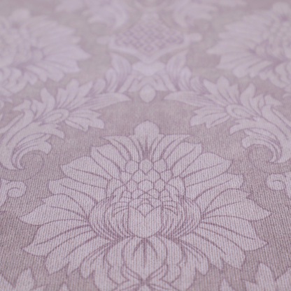 Elegant lavender damask fabric featuring a large-scale, repeating floral and acanthus leaf pattern in a soft tonal lilac colourway.