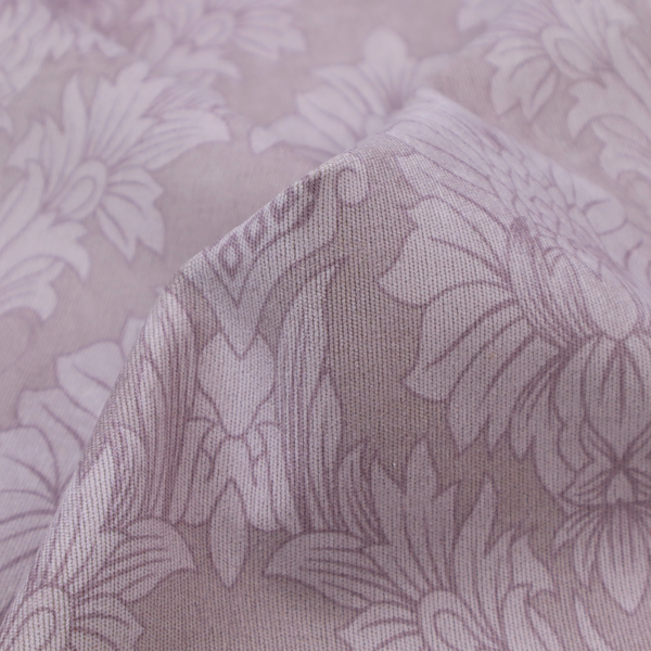 Elegant lavender damask fabric featuring a large-scale, repeating floral and acanthus leaf pattern in a soft tonal lilac colourway.