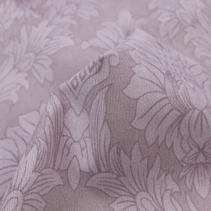 Elegant lavender damask fabric featuring a large-scale, repeating floral and acanthus leaf pattern in a soft tonal lilac colourway.