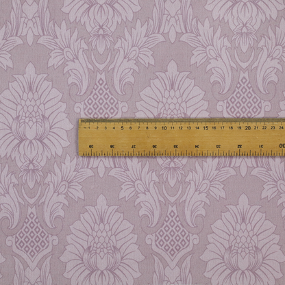 Elegant lavender damask fabric featuring a large-scale, repeating floral and acanthus leaf pattern in a soft tonal lilac colourway.