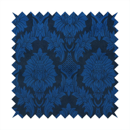 High-contrast damask fabric featuring a vibrant royal blue floral medallion pattern over a deep navy blue background.