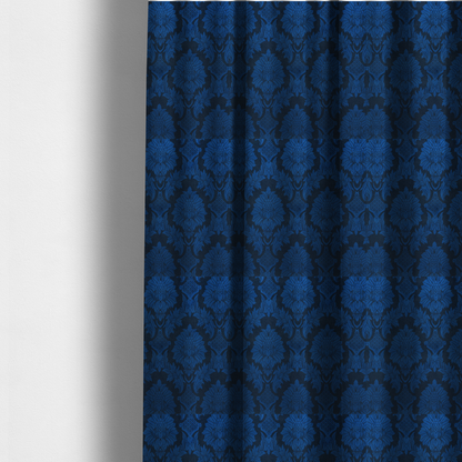 The fabric used to create these made-to-measure curtains is a high-contrast damask fabric featuring a vibrant royal blue floral medallion pattern over a deep navy blue background.