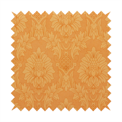 A bright apricot-orange damask fabric with a large-scale, repeating floral and acanthus leaf pattern in a soft tonal colourway.