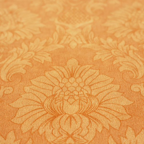 A bright apricot-orange damask fabric with a large-scale, repeating floral and acanthus leaf pattern in a soft tonal colourway.