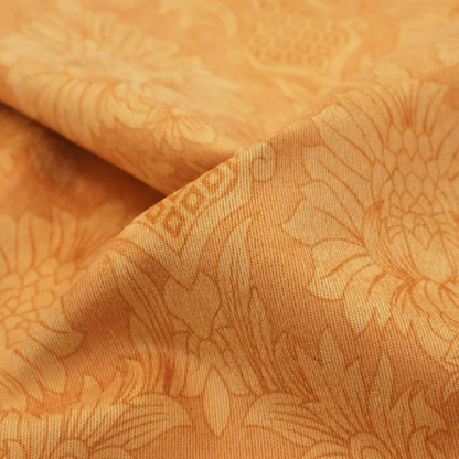 A bright apricot-orange damask fabric with a large-scale, repeating floral and acanthus leaf pattern in a soft tonal colourway.