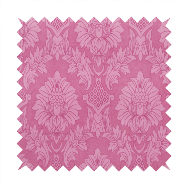 Vibrant magenta damask fabric featuring a large-scale, repeating floral and acanthus leaf pattern in a tonal, hot pink colourway.