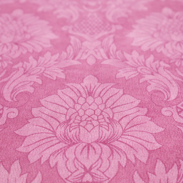 Vibrant magenta damask fabric featuring a large-scale, repeating floral and acanthus leaf pattern in a tonal, hot pink colourway.