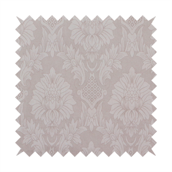 Subtle champagne and taupe damask fabric featuring a large-scale, repeating floral medallion pattern in a soft, shimmering tonal colourway.