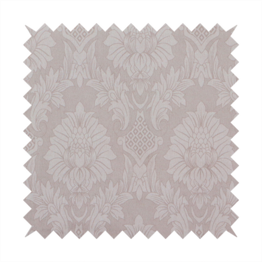 Subtle champagne and taupe damask fabric featuring a large-scale, repeating floral medallion pattern in a soft, shimmering tonal colourway.