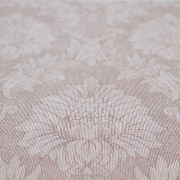 Subtle champagne and taupe damask fabric featuring a large-scale, repeating floral medallion pattern in a soft, shimmering tonal colourway.